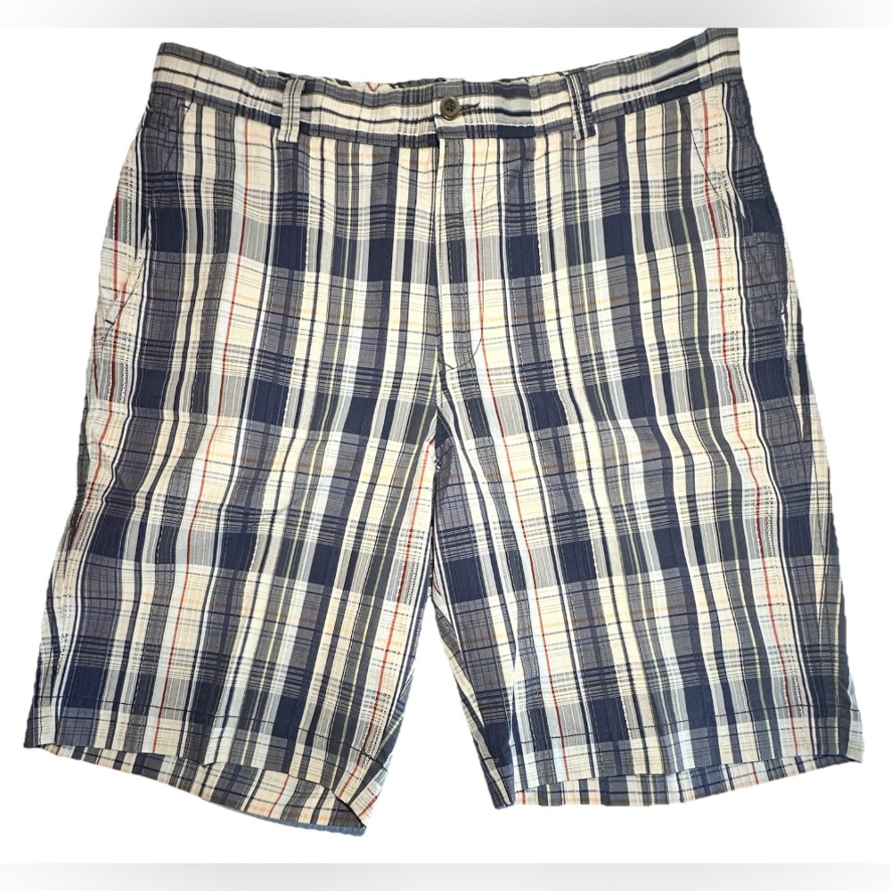 Tommy Bahama Shorts Mens 35 Blue White Plaid Cotton Silk‎ Tropical Beach Surf